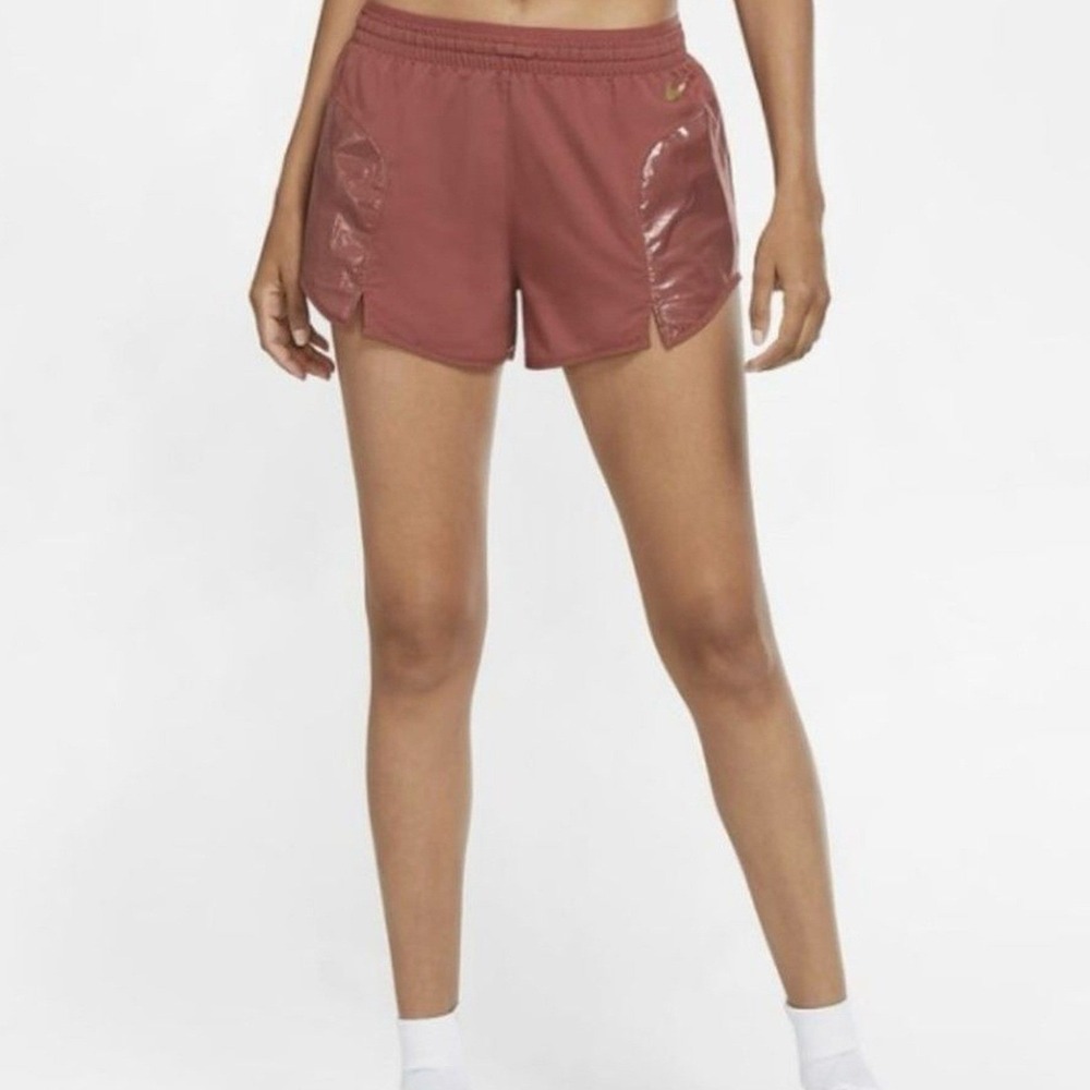 Nike Running Dri-FIT Metallic Shorts Womens Small Rust Copper Gold Swoosh CU3341